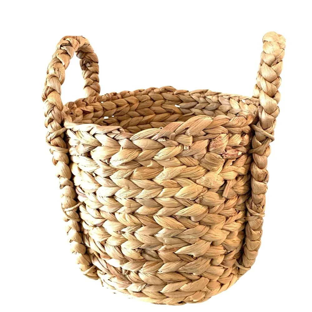 Braided Arrow Weave Round Storage Basket Two Handle Brown New 9